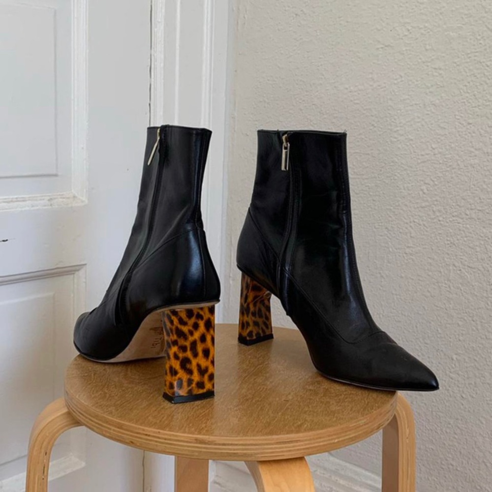 TIBI black leather boot with leopard print heel